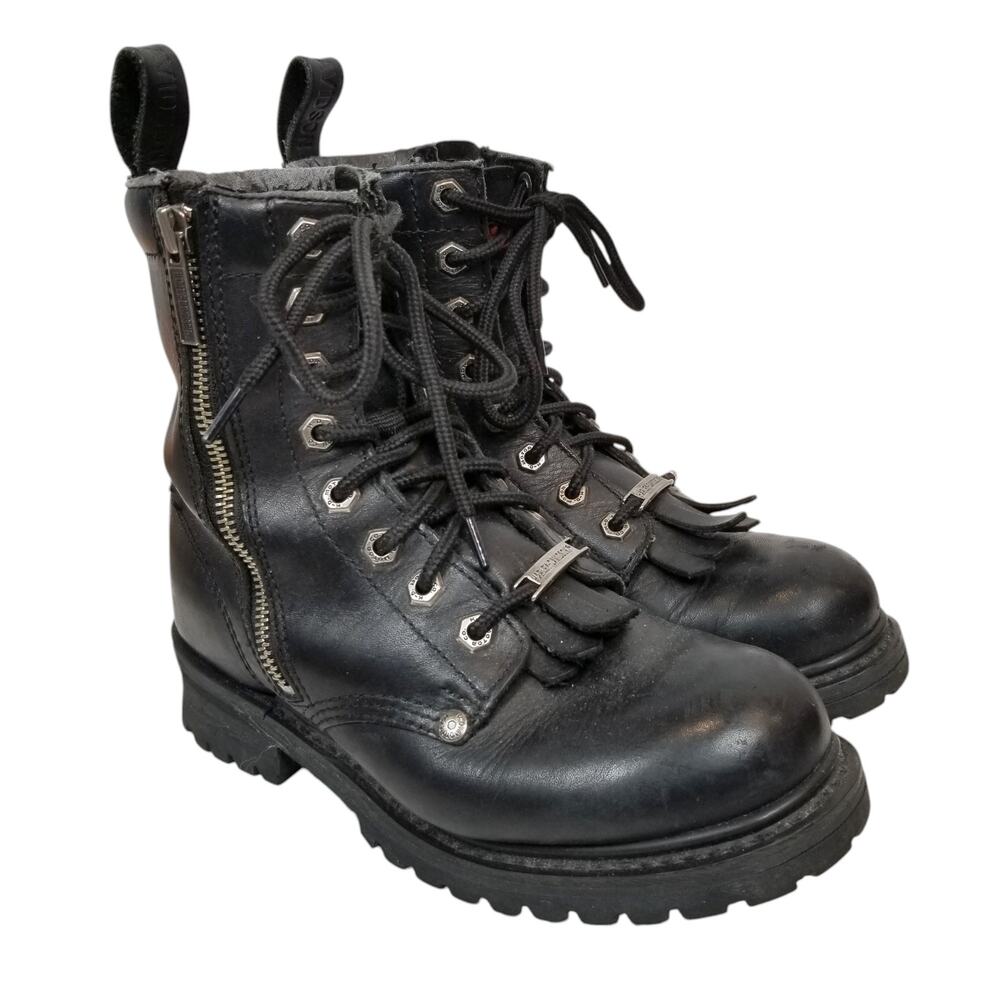 Harley Davidson Women's Black Lug Sole Kiltie Leather Moto Motorcycle Boots 6.5